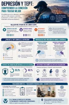 Infografía sobre depresión y TEPT en tratamiento con TMS, explicando cómo el trauma puede complicar la respuesta clínica, qué protocolos complementarios pueden utilizarse y por qué una evaluación completa es clave para personalizar el tratamiento.