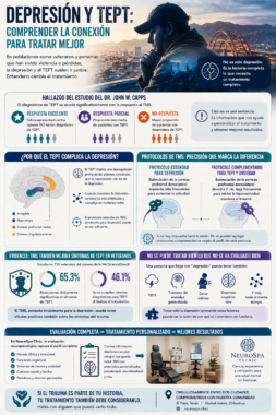 Infografía sobre depresión y TEPT en tratamiento con TMS, explicando cómo el trauma puede complicar la respuesta clínica, qué protocolos complementarios pueden utilizarse y por qué una evaluación completa es clave para personalizar el tratamiento.