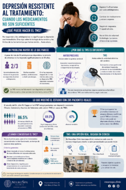 Infografía sobre depresión resistente al tratamiento y TMS, explicando por qué algunos pacientes no responden a los antidepresivos, cómo funciona el TMS de forma distinta y qué resultados mostró un estudio clínico con 285 pacientes reales.