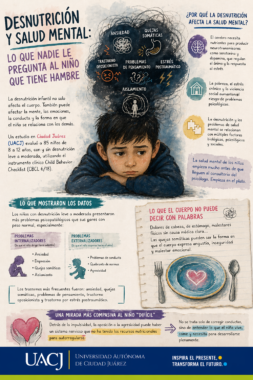 Infografía en español sobre desnutrición infantil y salud mental, con ilustración de un niño triste, síntomas emocionales y conductuales, y banner institucional de la UACJ al pie.