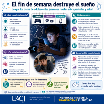 Infografía en español sobre adolescentes juarenses, uso de pantallas en fin de semana, deterioro del sueño y hallazgos preliminares del Grupo IICS de la UACJ.