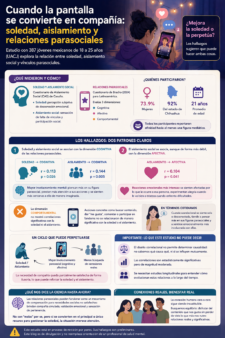 Infografía sobre relaciones parasociales, género, identidad y conexión en la era digital, que resume hallazgos de un estudio con jóvenes mexicanos y muestra que las mujeres reportaron mayor involucramiento comportamental con figuras mediáticas, mientras que no hubo diferencias significativas por género en las dimensiones cognitiva y afectiva.