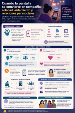 Infografía sobre relaciones parasociales, género, identidad y conexión en la era digital, que resume hallazgos de un estudio con jóvenes mexicanos y muestra que las mujeres reportaron mayor involucramiento comportamental con figuras mediáticas, mientras que no hubo diferencias significativas por género en las dimensiones cognitiva y afectiva.