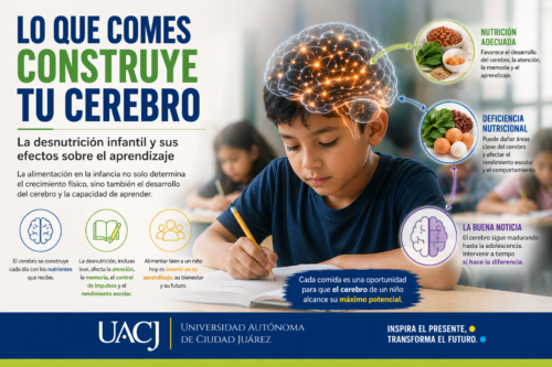 Infografía educativa sobre cómo la nutrición infantil influye en el desarrollo cerebral y el aprendizaje, con un niño escribiendo en clase, un cerebro ilustrado y banner de la UACJ.